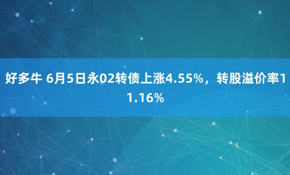 好多牛 6月5日永02转债上涨4.55%，转股溢价率11.16%